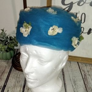 💙 Vintage 50's McCoy Creation Thelma Blue Tulle Lace Floral Dress Hat